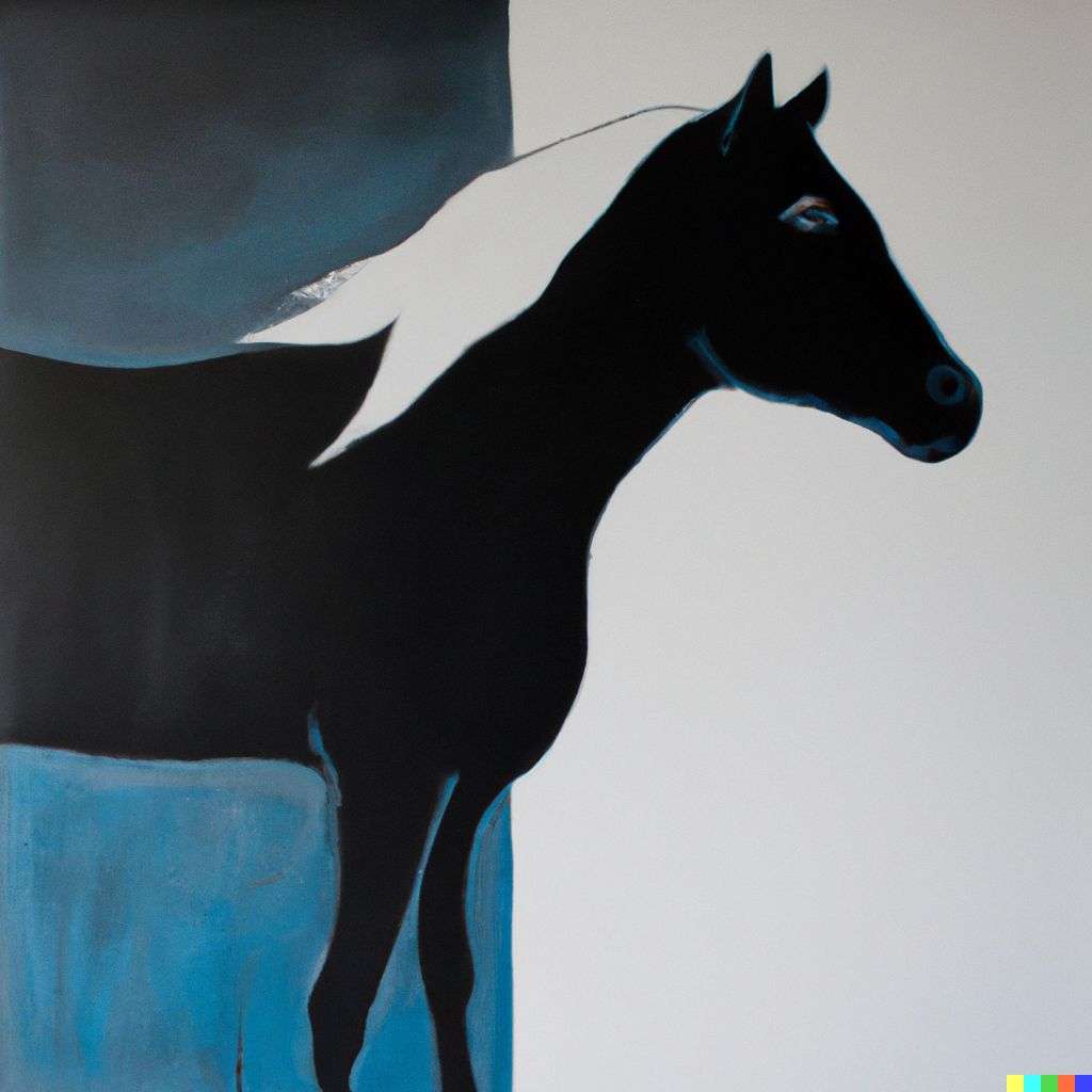 minimalist painting of a horse in black, white, grey and blue paint on canvas